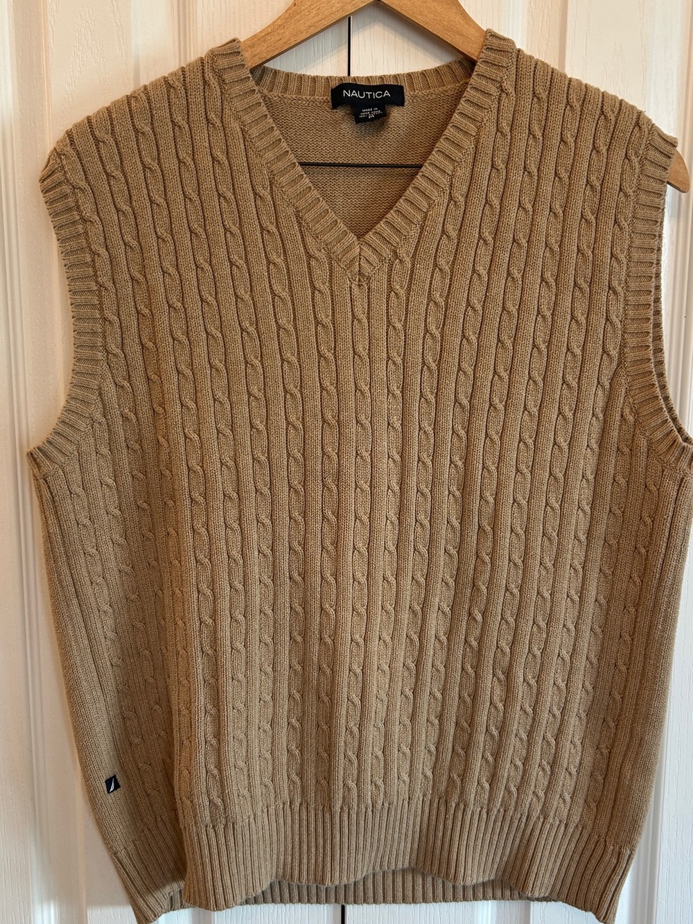 Vintage Nautica Cable Knit Sweater Vest Camel Tan 100% Cotton M EUC